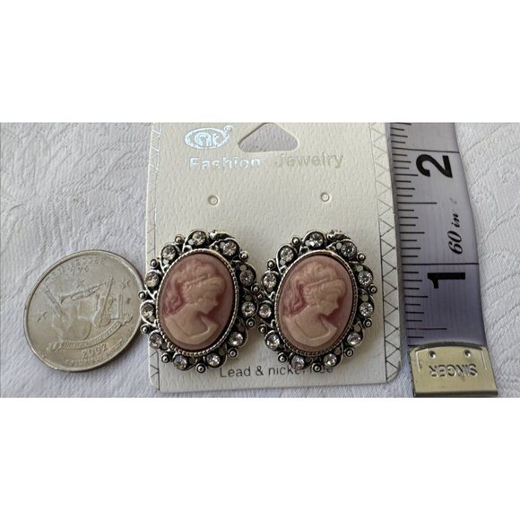 Classic Cameo CZ Pink Silver Tone Oval Earrings NEW - Picture 6 of 9